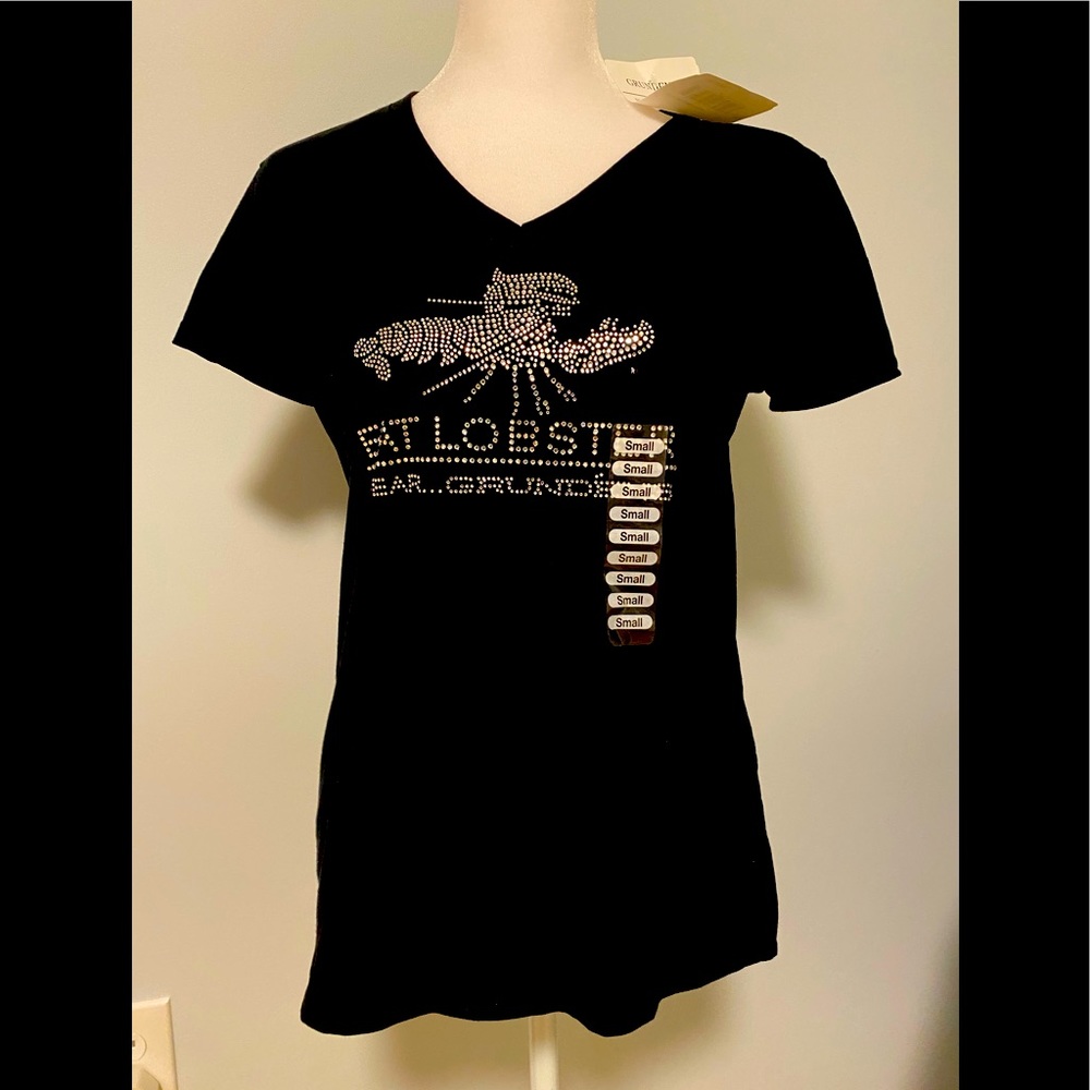 NWT GRUNDENS Jeweled V Neck Black Tee-Eat Lobsters